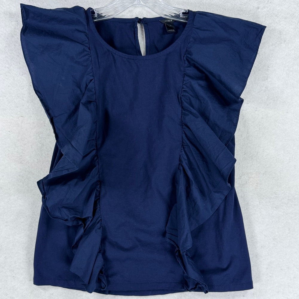 J.Crew Navy Blue Ruffle Trim Sleeveless Cotton Blouse Top Small RN77388